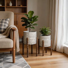 Set of Two Ceramic & Wood Planters