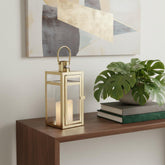 12" Clear And Gold Glass And Stainless Steel Tabletop Lantern Candle Holder