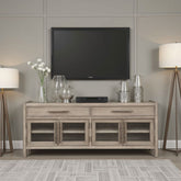White Oak TV Console with Seeded Glass Doors