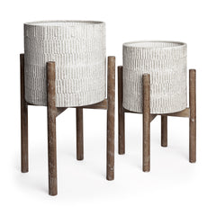 Set of Two Ceramic & Wood Planters