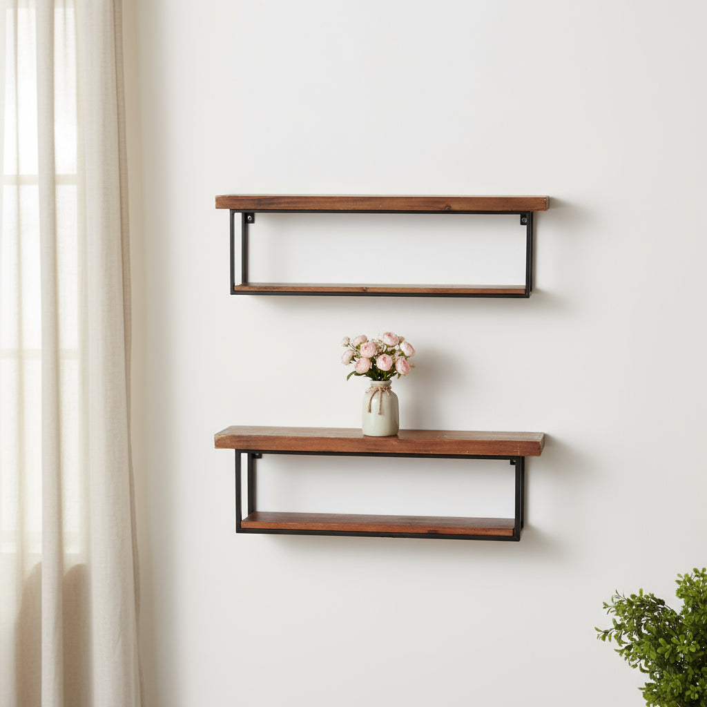 36" Two-Level Wood and Metal Accent Shelf Set