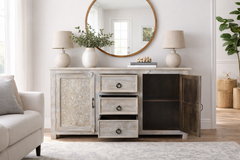 Hand-carved Antique Finish Reclaimed Wood Sideboard