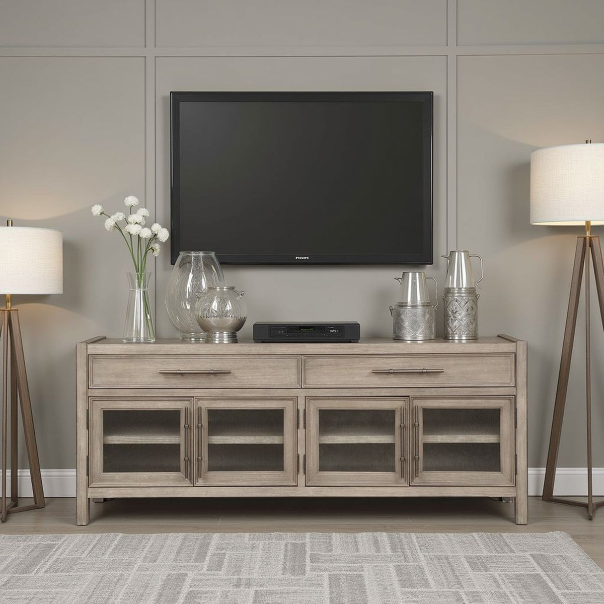 White Oak TV Console with Seeded Glass Doors
